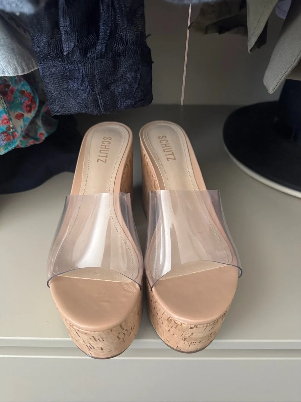 SCHUTZ Clear Strap Cork Platform Sandals in Nude
